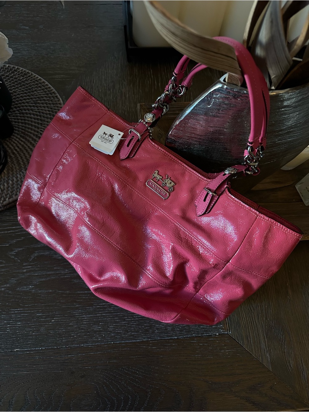 Coach Poppy Patent Leather East/West Tote (Style No. 14123, Color: SV/Peony)